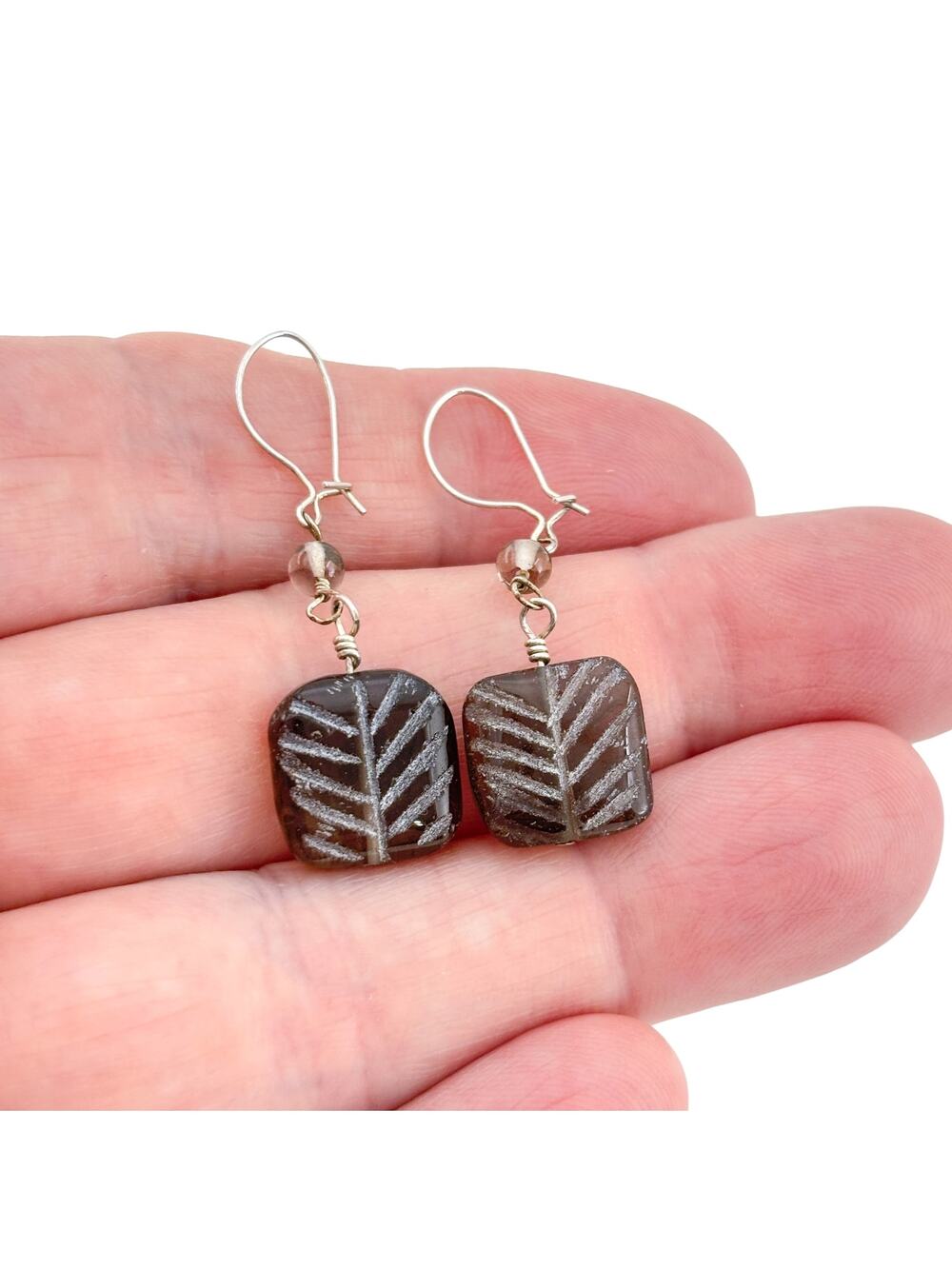 Vintage Sterling Silver 925 Smoky Quartz Etched Leaf Earrings